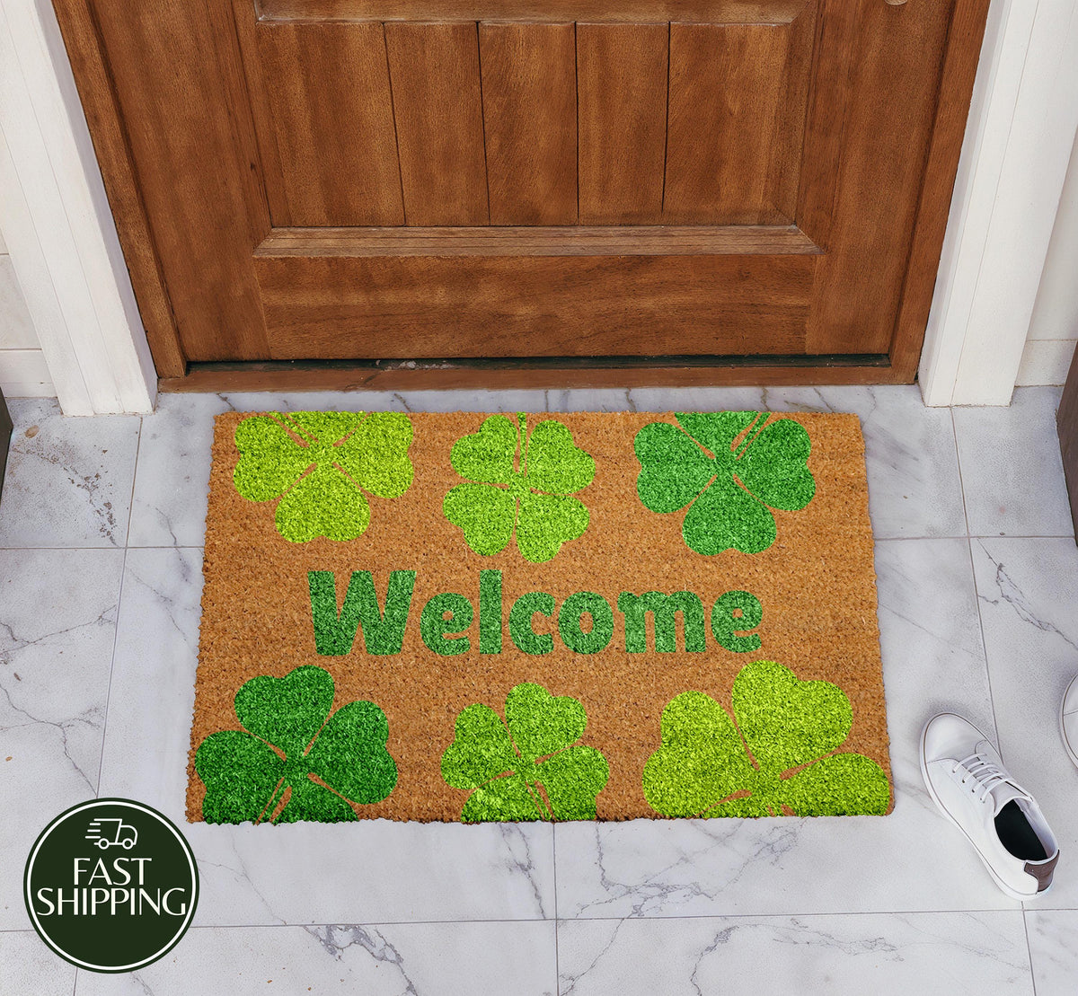 St Patricks Day Doormat, Shamrock Themed Welcome Mat, Lucky Clover Front Door Mat