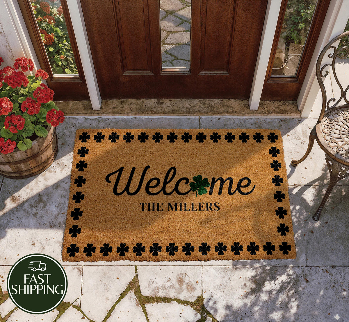 Personalized Shamrock Frame Doormat, Lucky Clover Family Name Welcome Mat