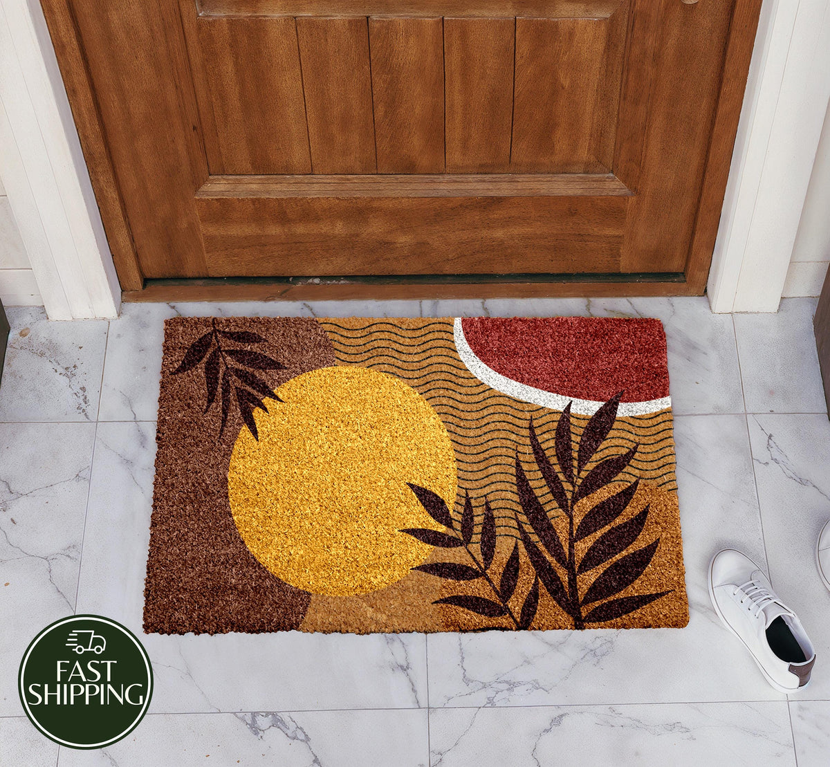 Abstract Sun Design Coir Doormat, Geometric Minimalist Welcome Mat