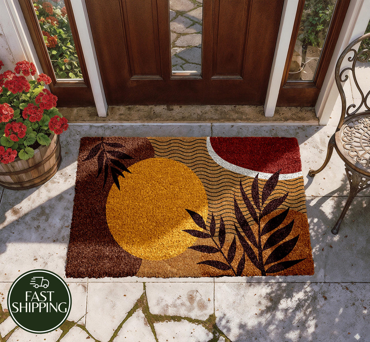 Abstract Sun Design Coir Doormat, Geometric Minimalist Welcome Mat