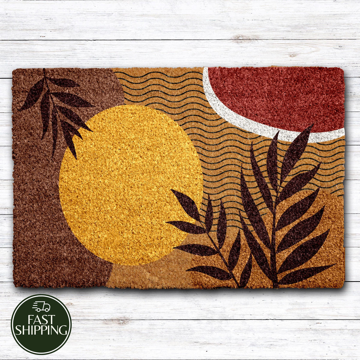 Abstract Sun Design Coir Doormat, Geometric Minimalist Welcome Mat