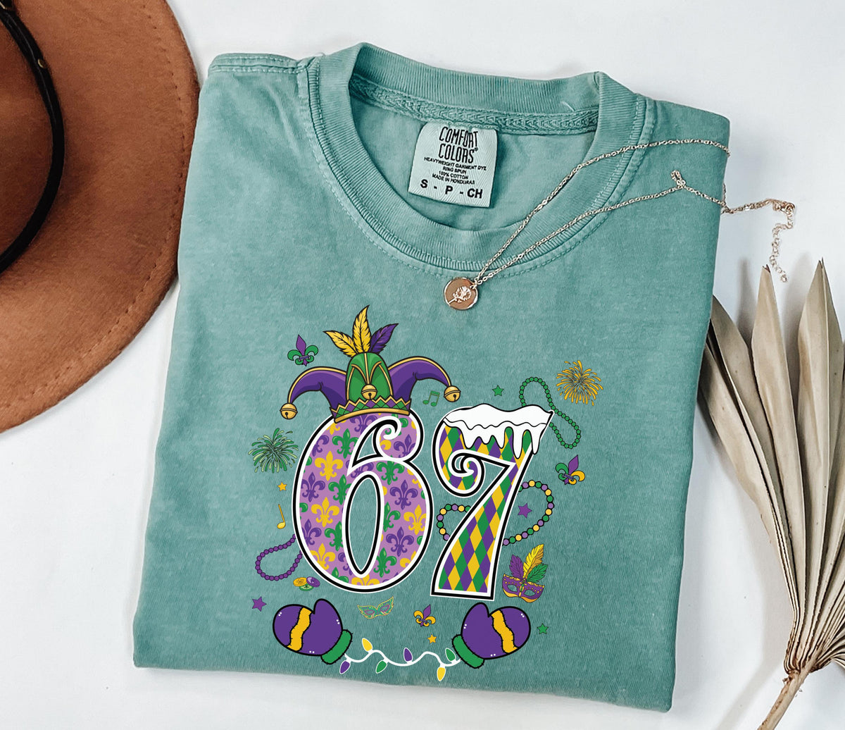 6 7 Mardi Gras Comfort Colors® Shirt, New Orleans T-Shirt, Funny Mardi Gras Carnival Shirt, Six Seven Purple Green Gold Festival Tee
