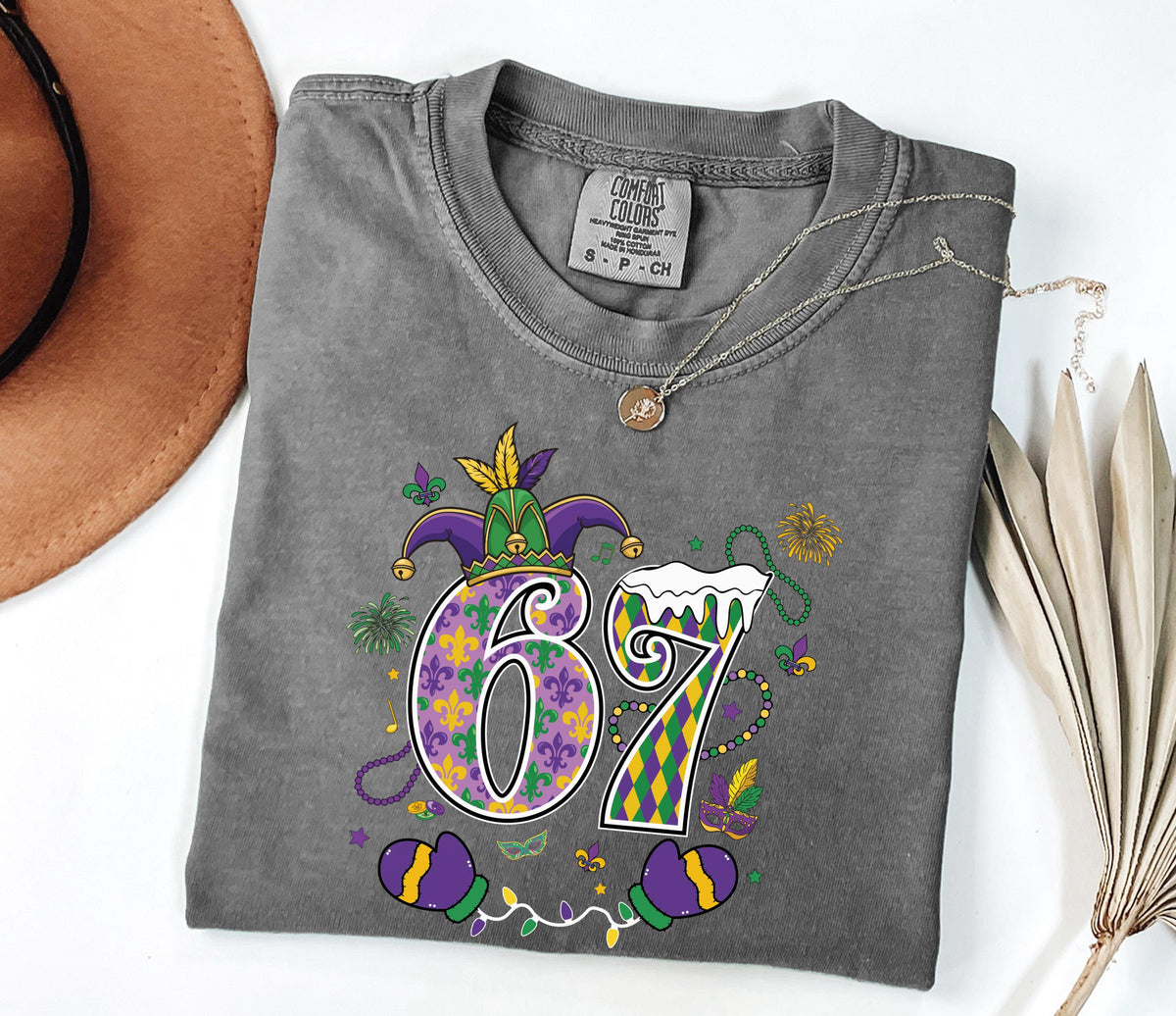 6 7 Mardi Gras Comfort Colors® Shirt, New Orleans T-Shirt, Funny Mardi Gras Carnival Shirt, Six Seven Purple Green Gold Festival Tee