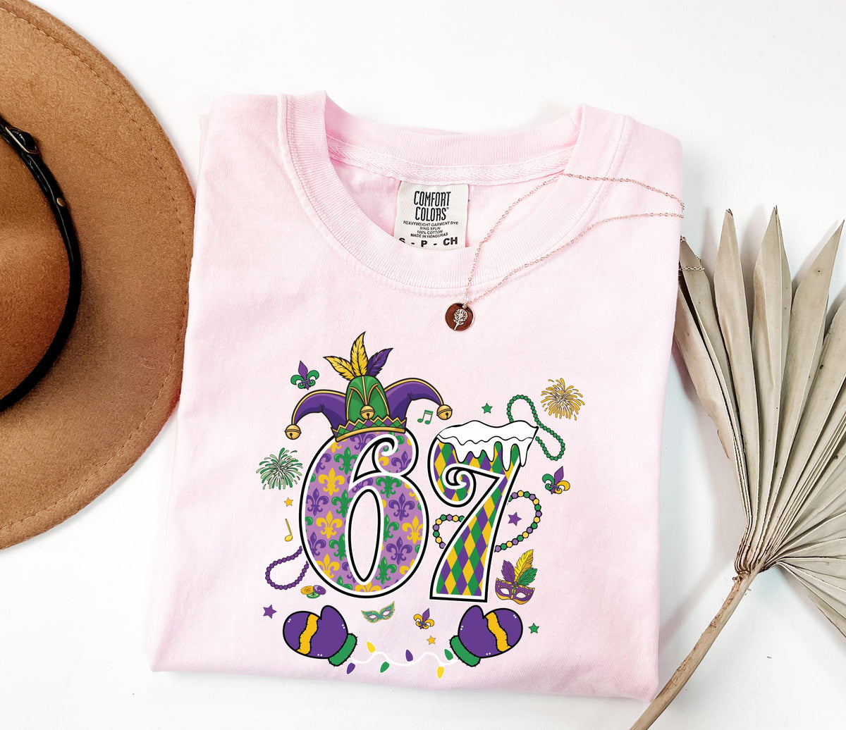 6 7 Mardi Gras Comfort Colors® Shirt, New Orleans T-Shirt, Funny Mardi Gras Carnival Shirt, Six Seven Purple Green Gold Festival Tee