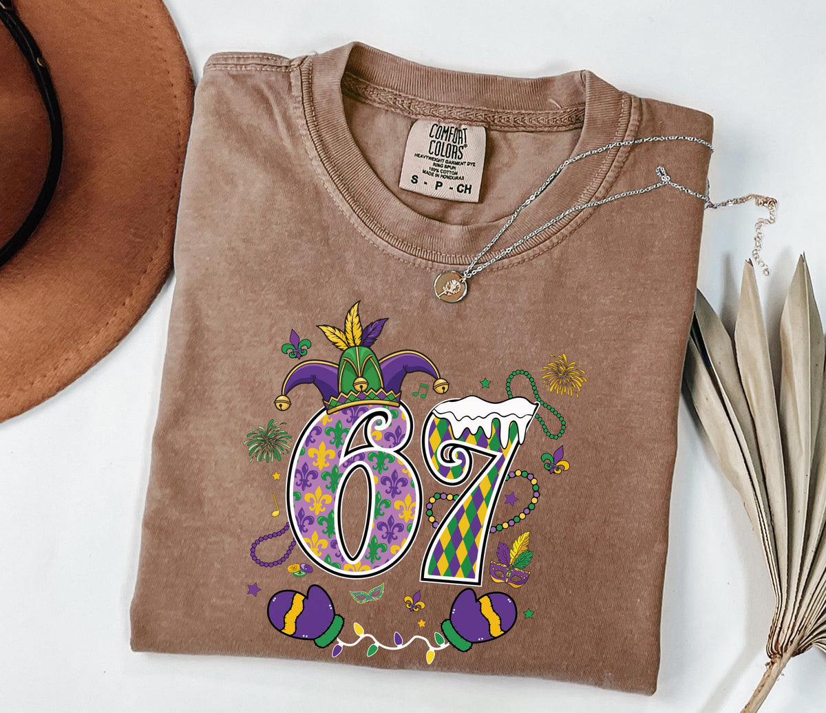 6 7 Mardi Gras Comfort Colors® Shirt, New Orleans T-Shirt, Funny Mardi Gras Carnival Shirt, Six Seven Purple Green Gold Festival Tee