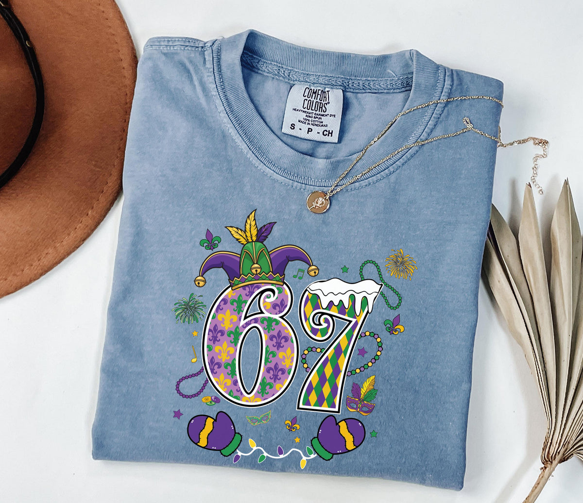 6 7 Mardi Gras Comfort Colors® Shirt, New Orleans T-Shirt, Funny Mardi Gras Carnival Shirt, Six Seven Purple Green Gold Festival Tee