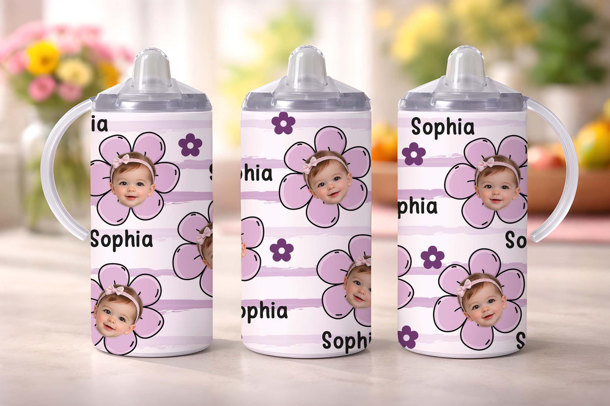 Personalized Baby Tumbler, Photo & Name, Rainbow Flower Design