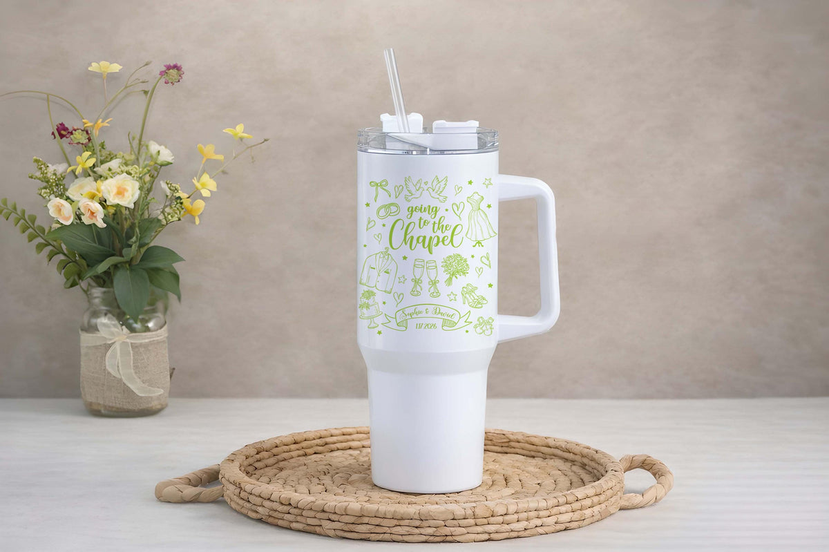 Going To The Chapel Tumbler, Personalized Wedding Drinkware, Custom Bride and Groom Gift