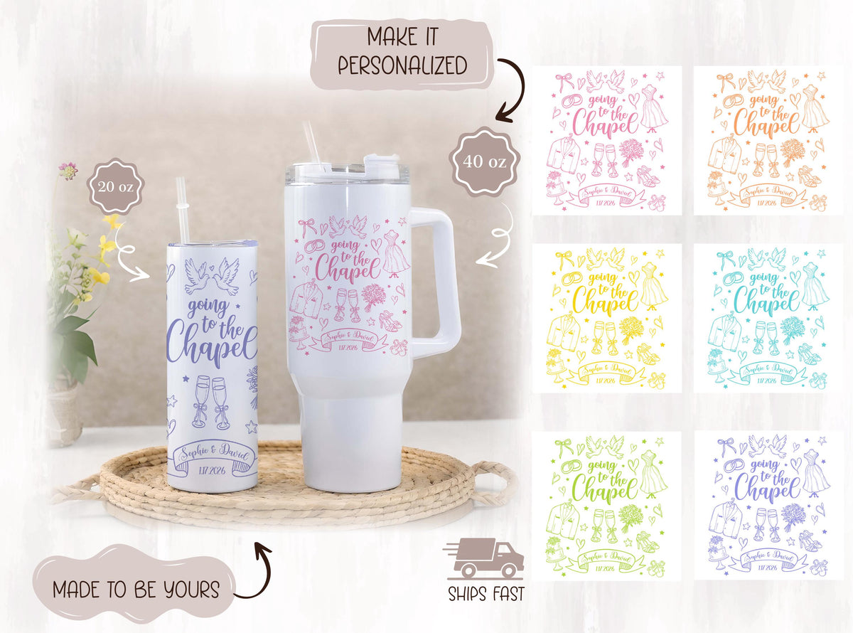 Going To The Chapel Tumbler, Personalized Wedding Drinkware, Custom Bride and Groom Gift