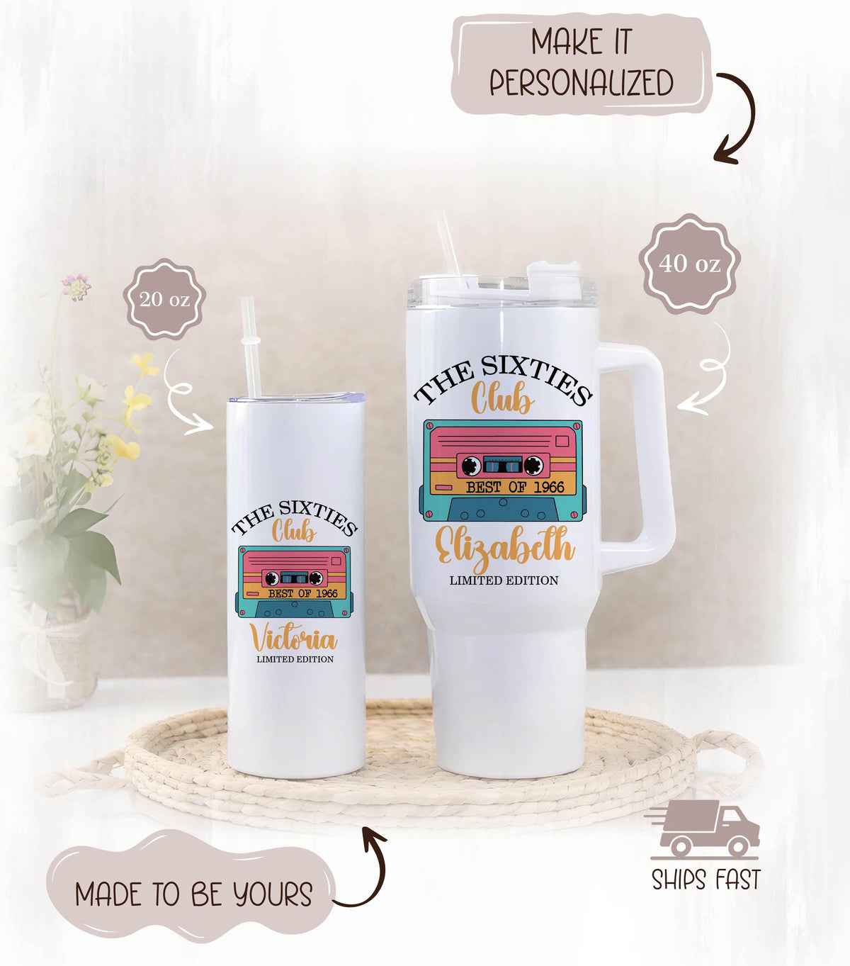 Sixties Club Tumbler, Personalized Stainless Steel Cup (20oz or 40oz)