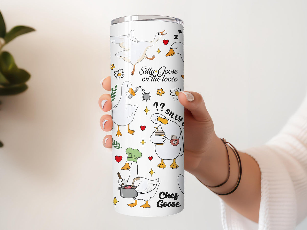 Funny Silly Goose Tumbler With Straw, Cute Goose Meme Insulated Coffee Cup