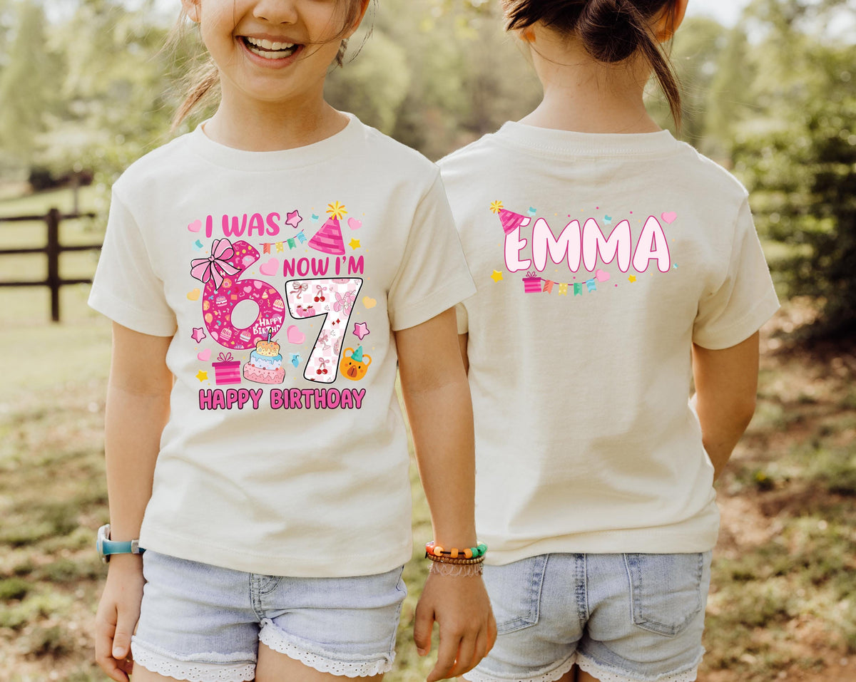 Personalized I Was 6 Now I'm 7 Birthday T-Shirt, 7th Birthday Girl Tee, 6 7 Meme Birthday Gift