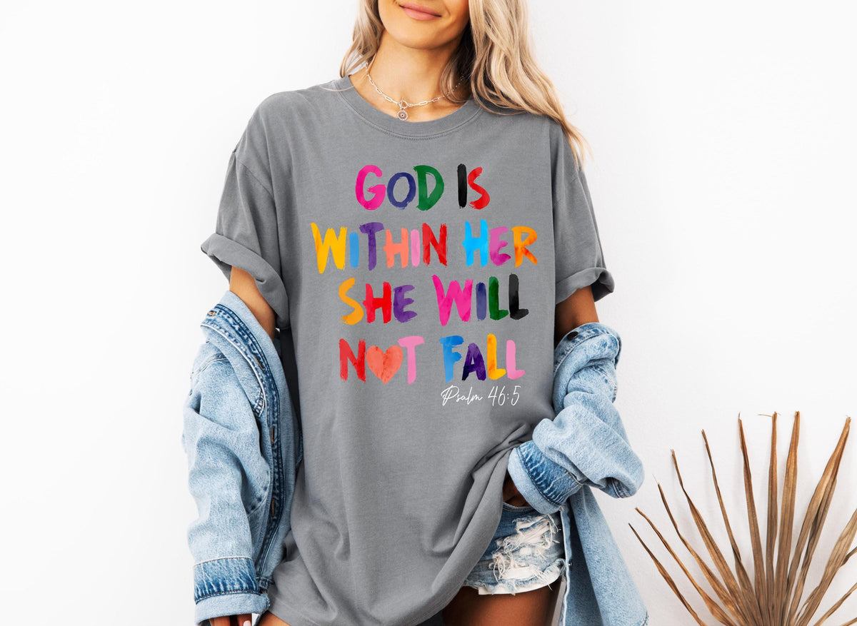 Comfort Colors® God Is Within Her She Will Not Fall Shirt, Religious Mom T-shirt, Christian Tee, Jesus Faith Crewneck, Bible Verse Shirt