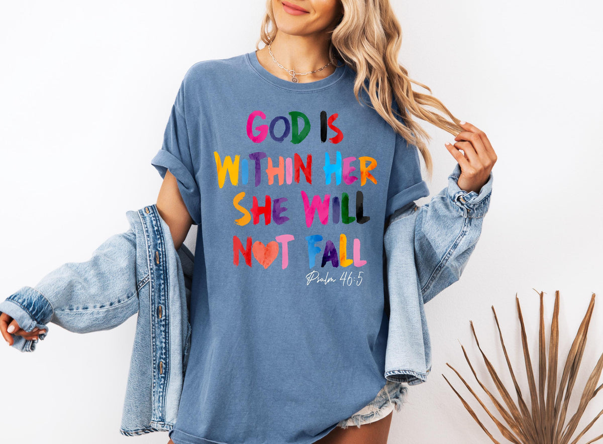 Comfort Colors® God Is Within Her She Will Not Fall Shirt, Religious Mom T-shirt, Christian Tee, Jesus Faith Crewneck, Bible Verse Shirt