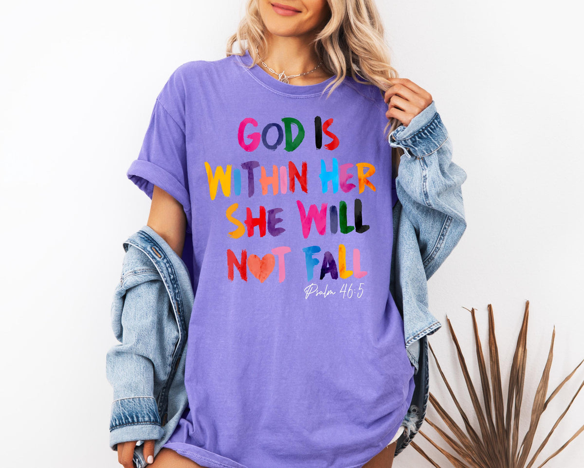 Comfort Colors® God Is Within Her She Will Not Fall Shirt, Religious Mom T-shirt, Christian Tee, Jesus Faith Crewneck, Bible Verse Shirt