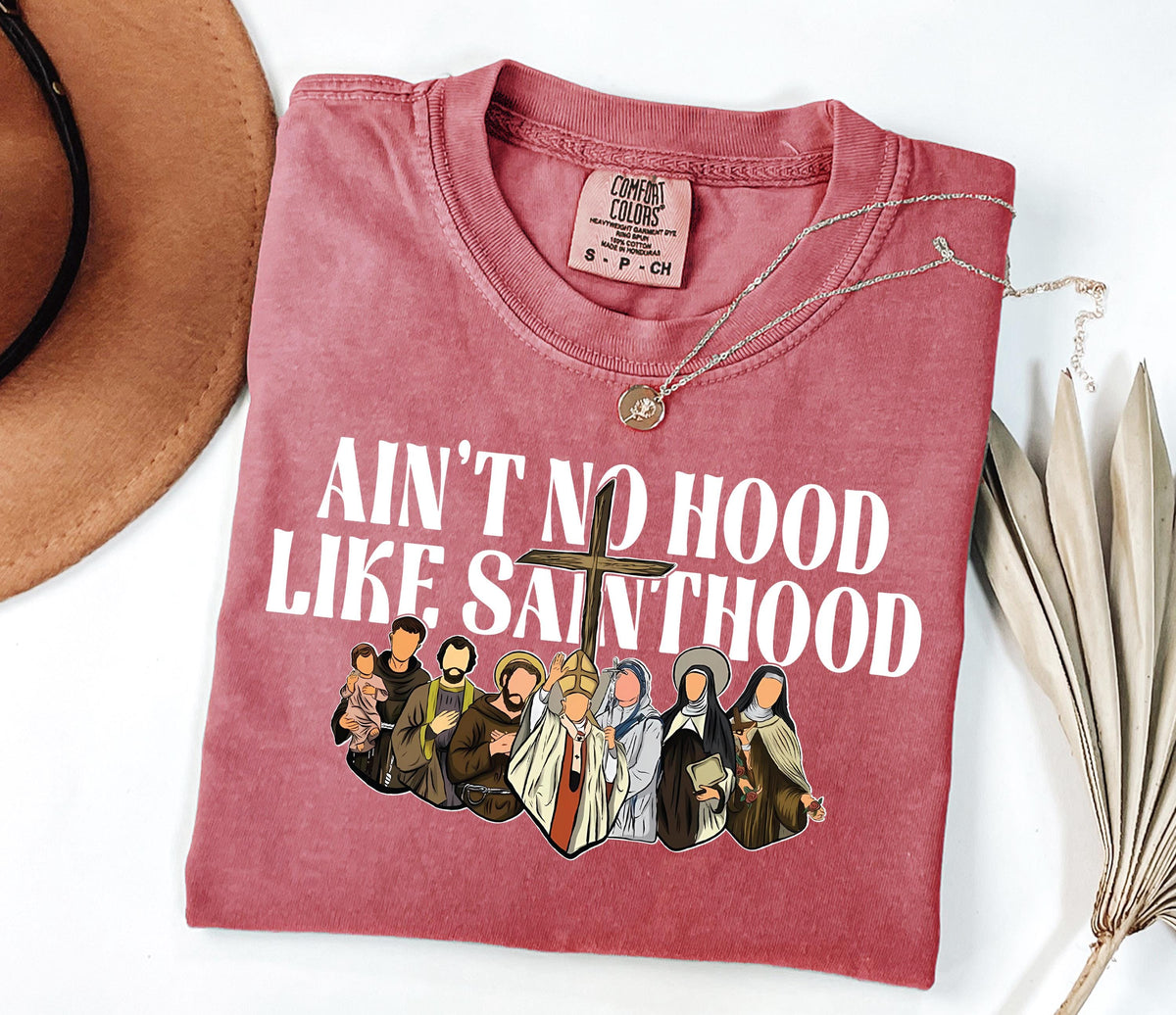 Ain't No Hood Like Sainthood Comfort Colors® Shirt, Funny Christian T-Shirt, Christian Cross Crewneck, Jesus Lover Gift, Faith Based Tee