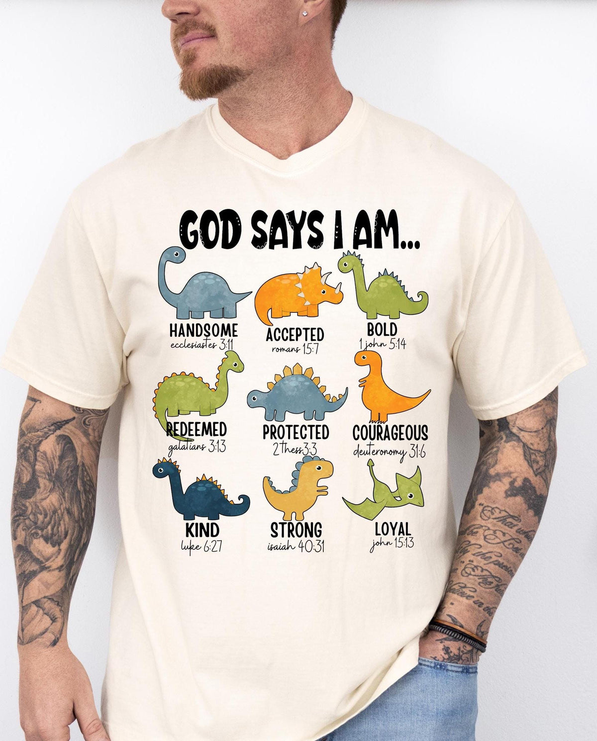 Comfort Colors® God Says I Am Dinosaur Shirt, Religious Bible Verse T-shirt, Christian Men Tee, I am Handsome Strong Loyal Faith Crewneck