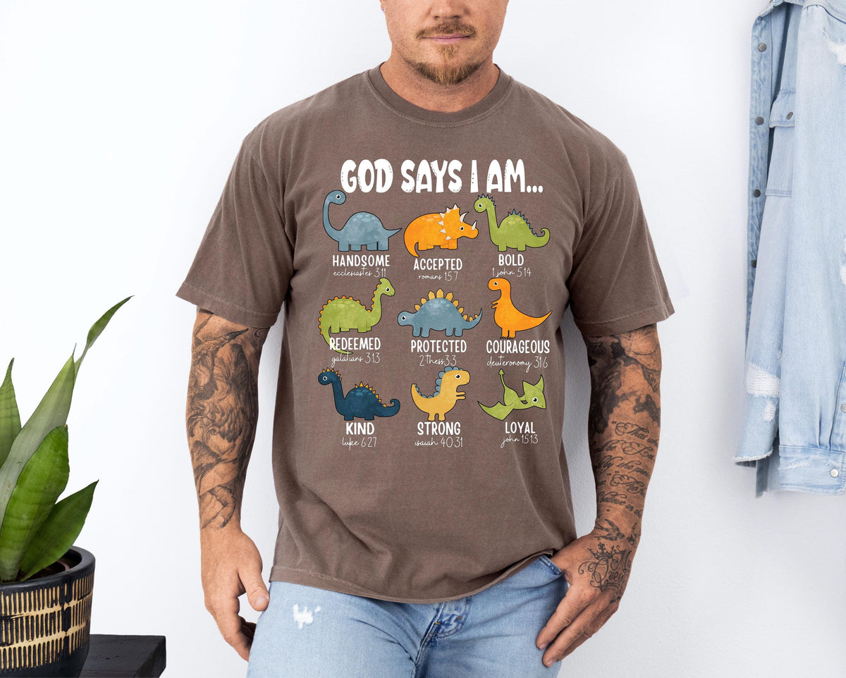 Comfort Colors® God Says I Am Dinosaur Shirt, Religious Bible Verse T-shirt, Christian Men Tee, I am Handsome Strong Loyal Faith Crewneck
