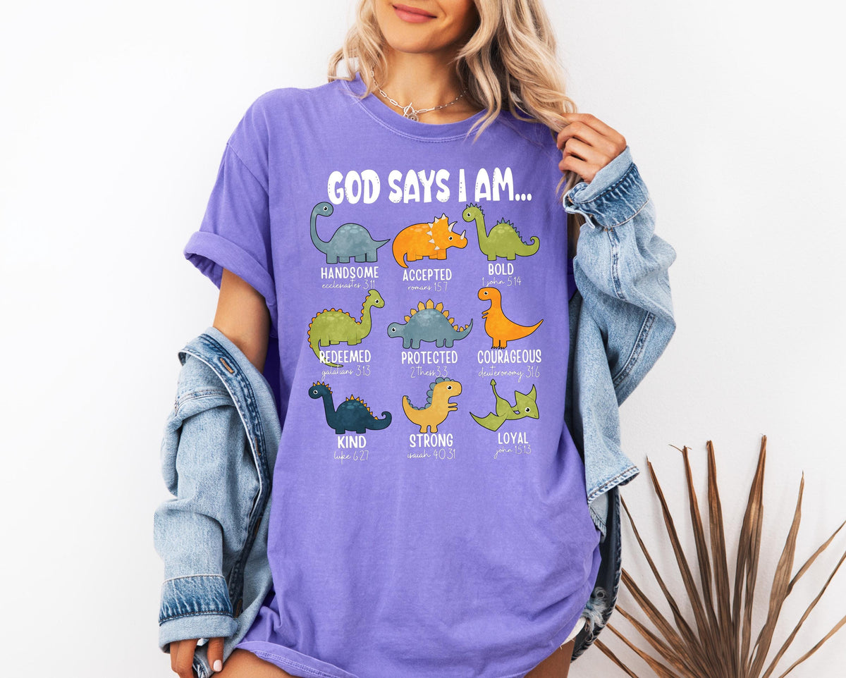 Comfort Colors® God Says I Am Dinosaur Shirt, Religious Bible Verse T-shirt, Christian Men Tee, I am Handsome Strong Loyal Faith Crewneck
