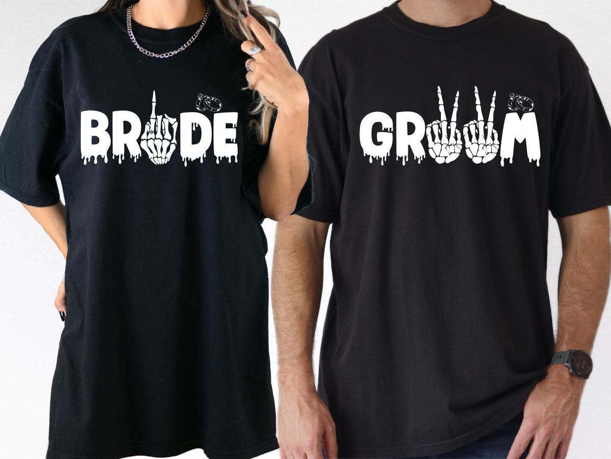 Spooky Bride and Groom Comfort Colors® T-Shirt, Wedding Rock Party Matching Shirt, Gothic Honeymoon Tee, Couple Vacation Just Married Gift