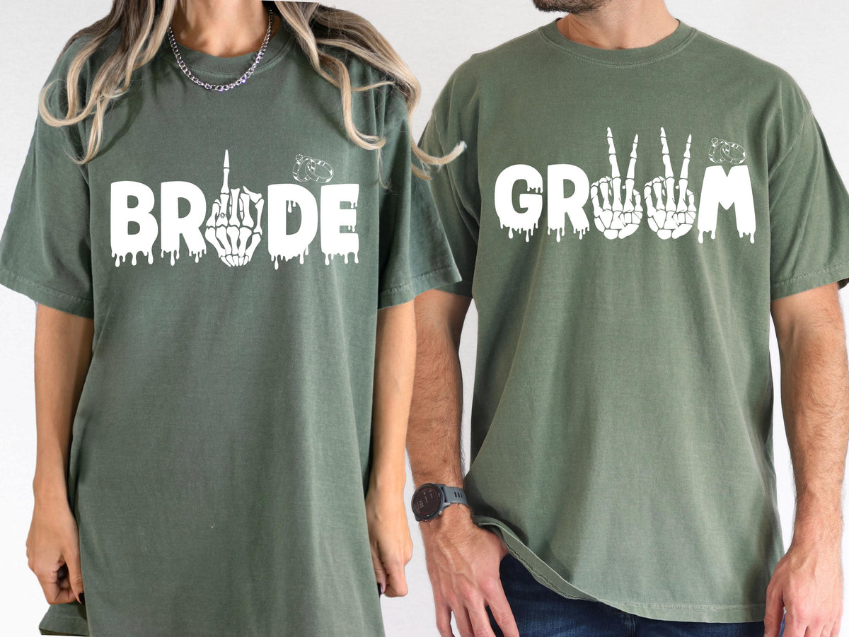 Spooky Bride and Groom Comfort Colors® T-Shirt, Wedding Rock Party Matching Shirt, Gothic Honeymoon Tee, Couple Vacation Just Married Gift
