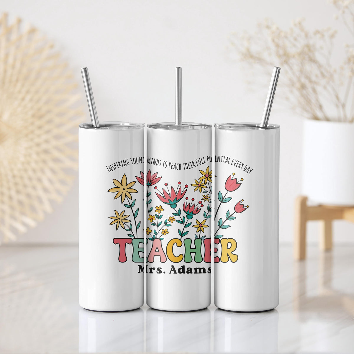 Custom Name Inspiring Young Minds Coffee Tumbler, Colorful Floral Teacher Tumbler With Straw