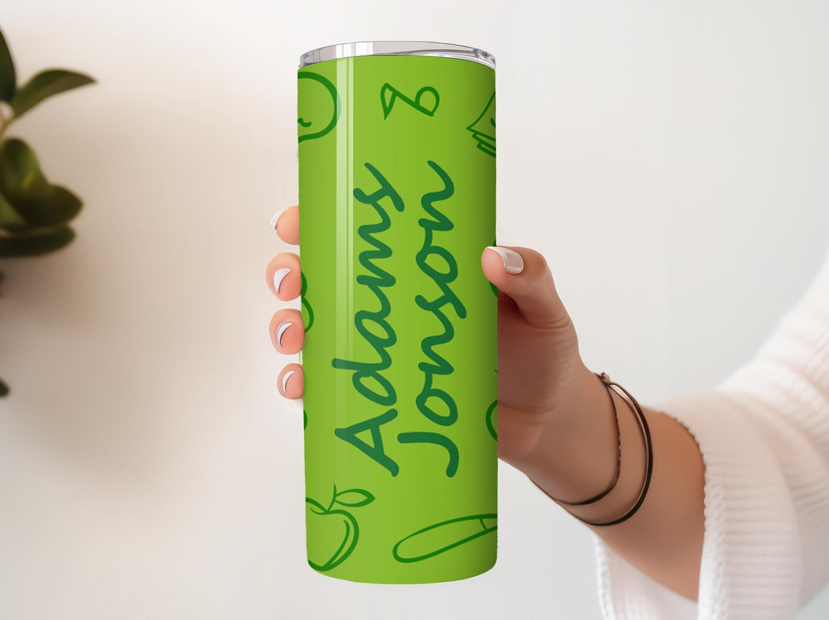 Personalized Colorful Teacher Tumbler With Straw, Custom Name Doodles School Coffee Cup