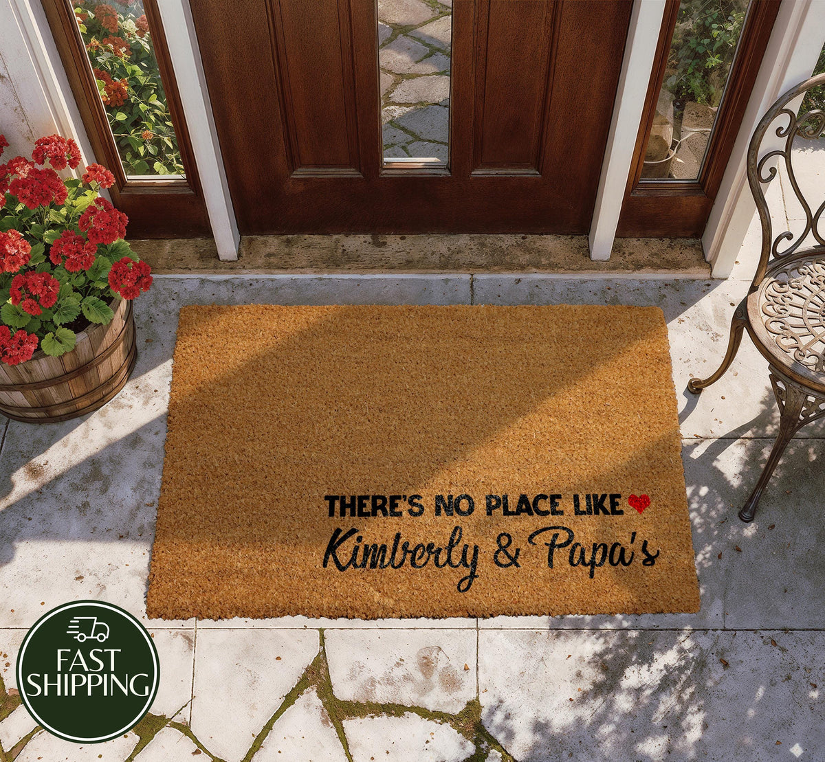 Personalized There Is No Place Like Doormat, Custom Name Coir Welcome Mat With Hearth