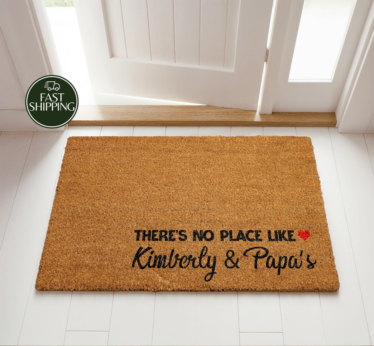 Personalized There Is No Place Like Doormat, Custom Name Coir Welcome Mat With Hearth