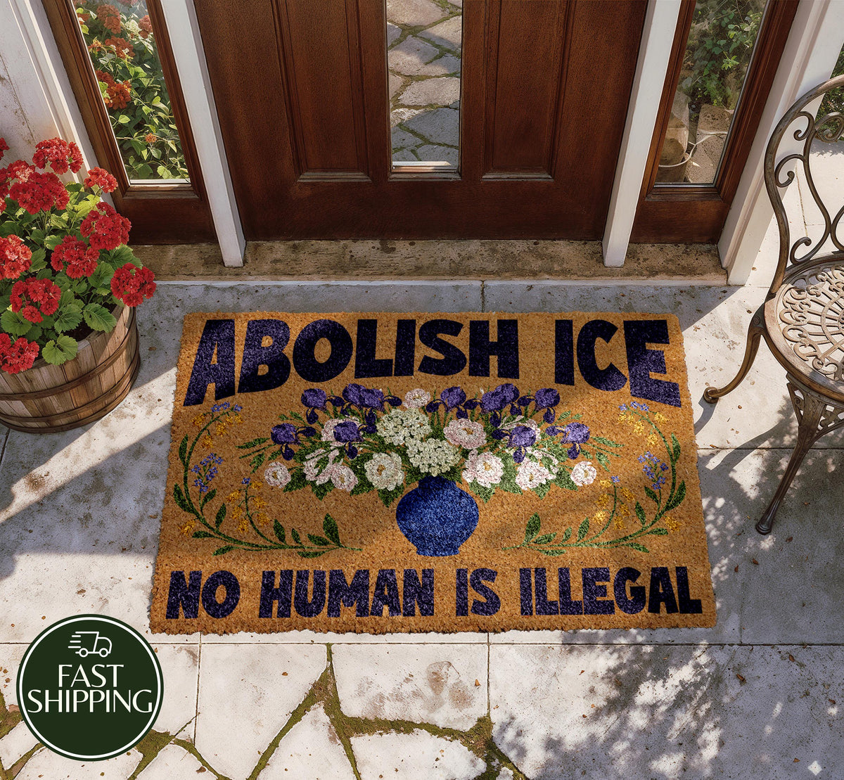 Abolish ICE No Human Is Illegal Doormat, Humanist Saying Welcome Mat, Floral Political Doormat