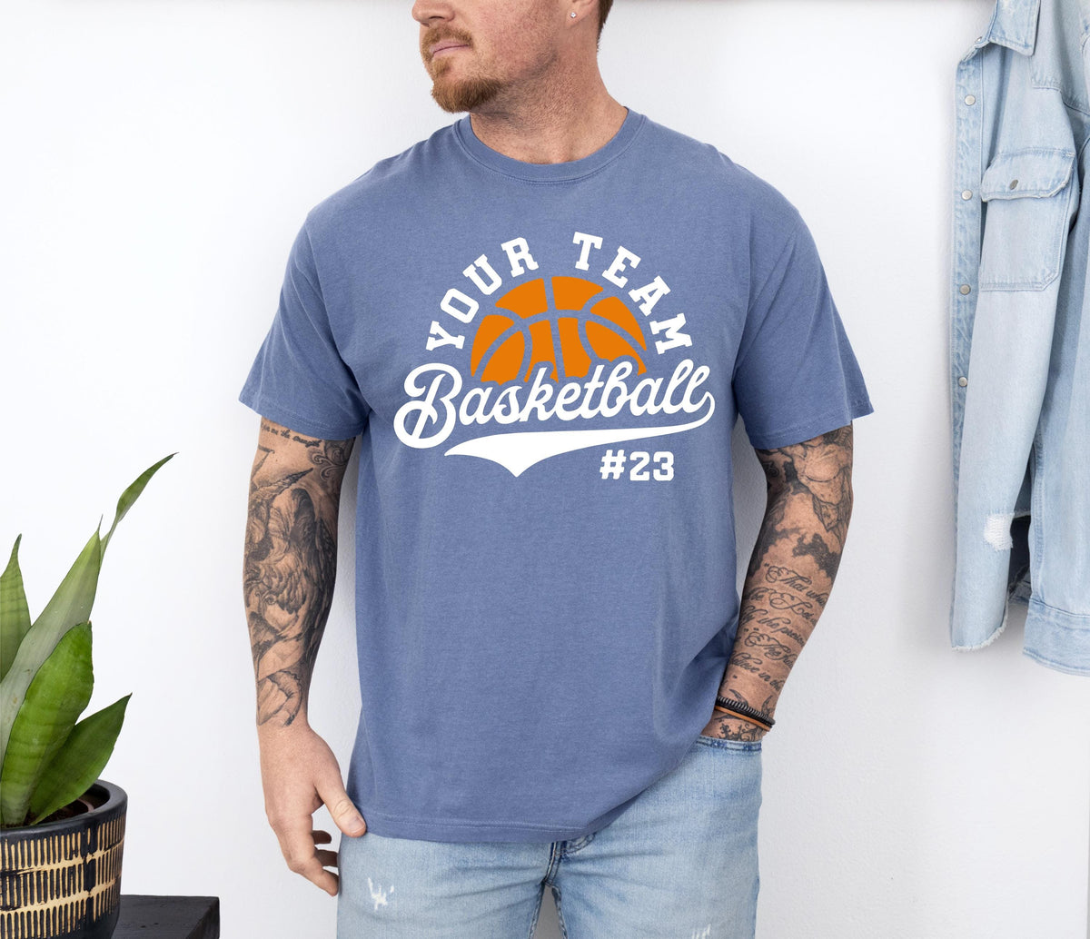 Comfort Colors® Custom Team & Number Basketball T-shirt, Basketball Lover Gift, Basketball Player Shirt, Basketball Season Crewneck