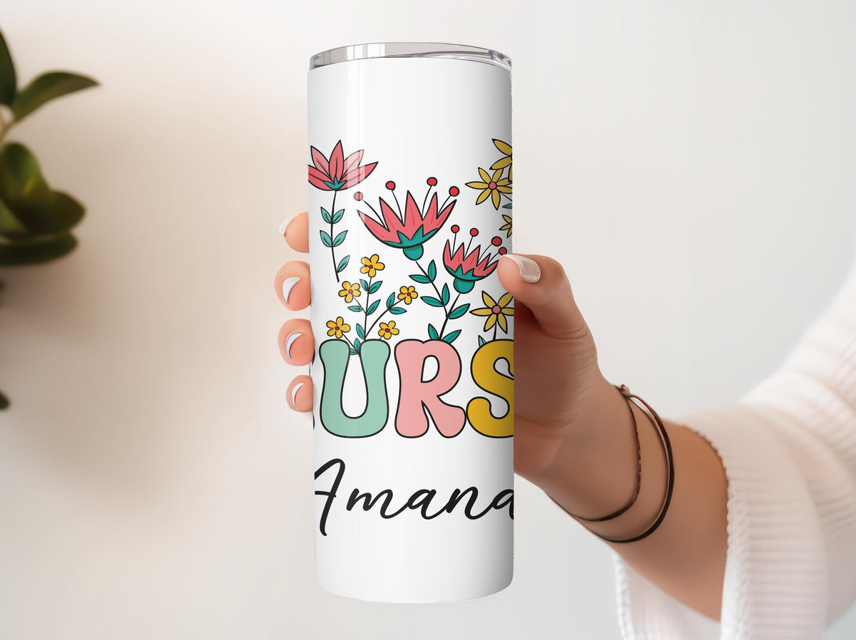 Personalized Floral Nurse Tumbler With Straw, Custom Name Groovy Nurse Coffee Cup