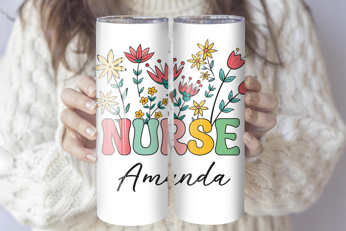 Personalized Floral Nurse Tumbler With Straw, Custom Name Groovy Nurse Coffee Cup