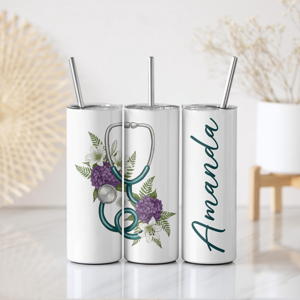 Custom Name Floral Stethoscope Design Coffee Tumbler