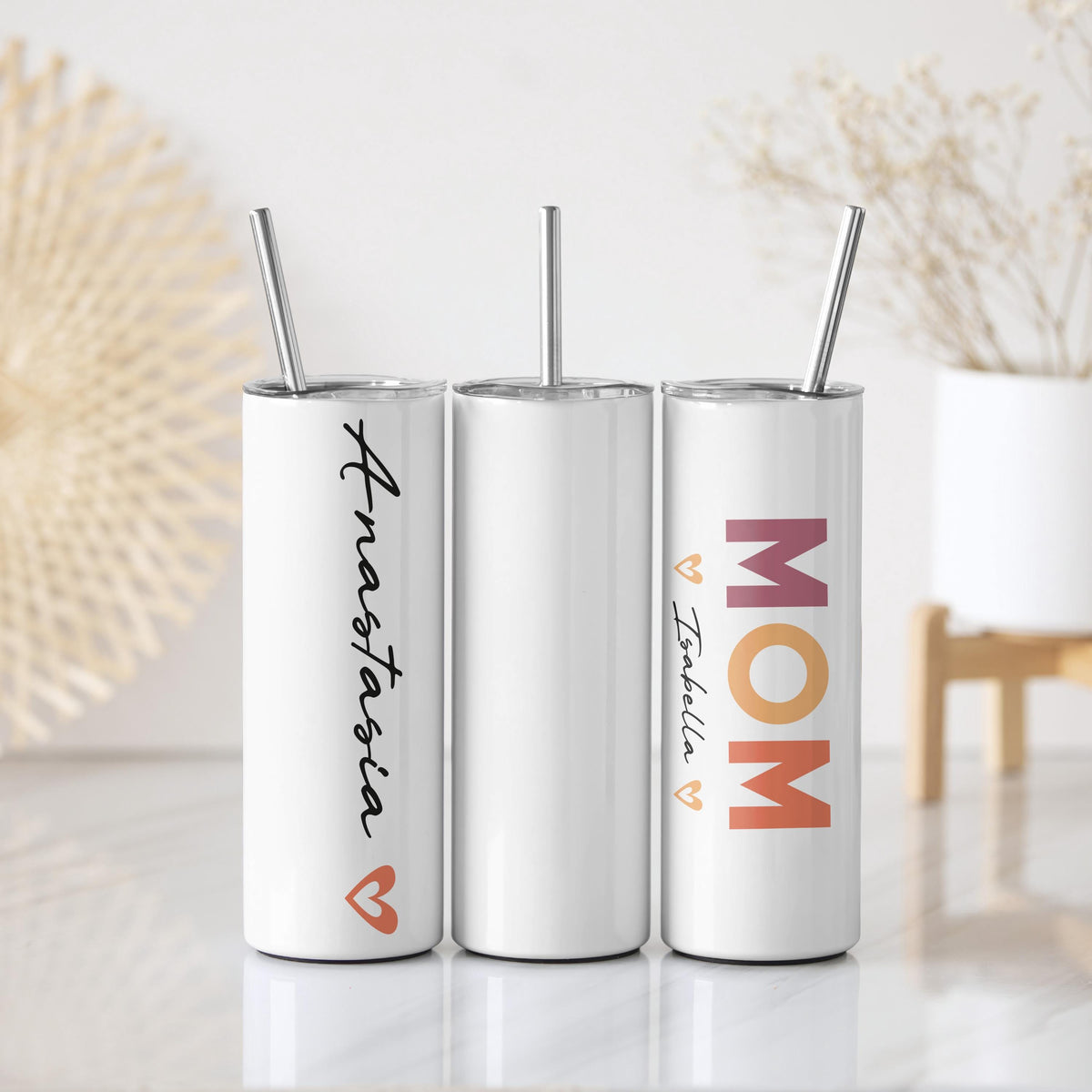 Custom Name Mom Tumbler With Straw, Colorful Text & Hearts Design Mama Tumbler With Straw