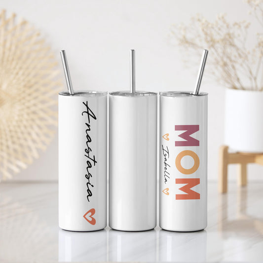 Custom Name Mom Tumbler With Straw, Colorful Text & Hearts Design Mama Tumbler With Straw