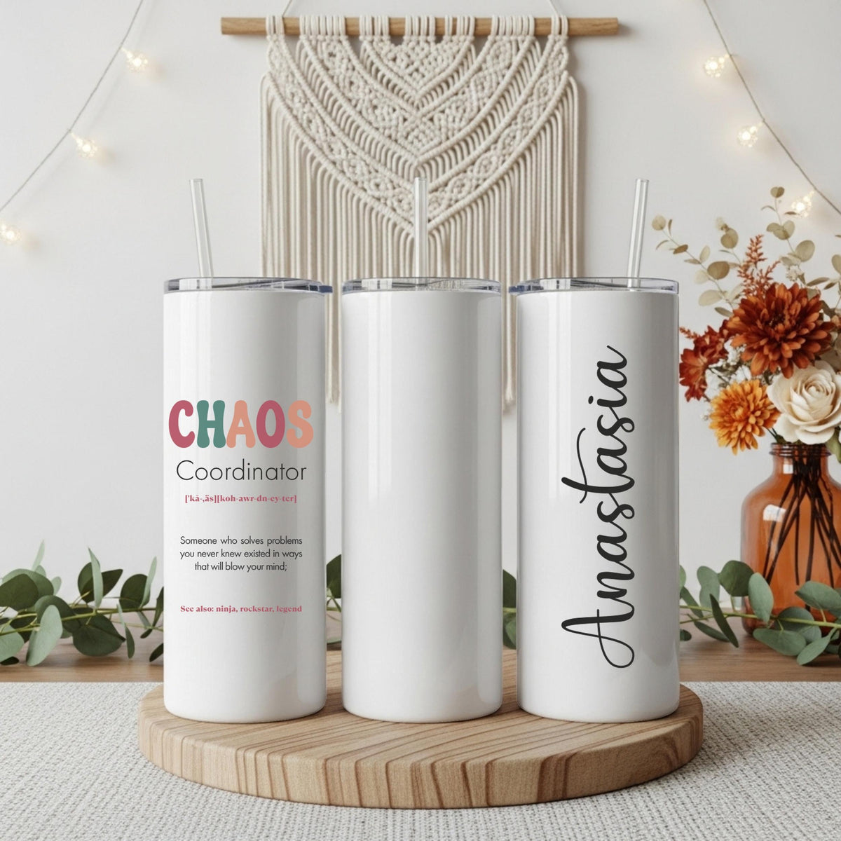 Custom Name Chaos Coordinator Coffee Tumbler, Groovy Text Office Manager Tumbler With Straw