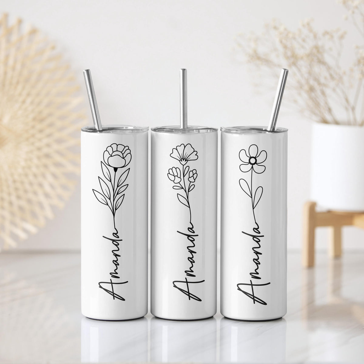 Personalized Line Art Flower Tumbler, Minimalist Birth Month Flower Coffee Tumbler