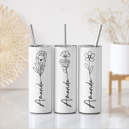 Personalized Line Art Flower Tumbler, Minimalist Birth Month Flower Coffee Tumbler