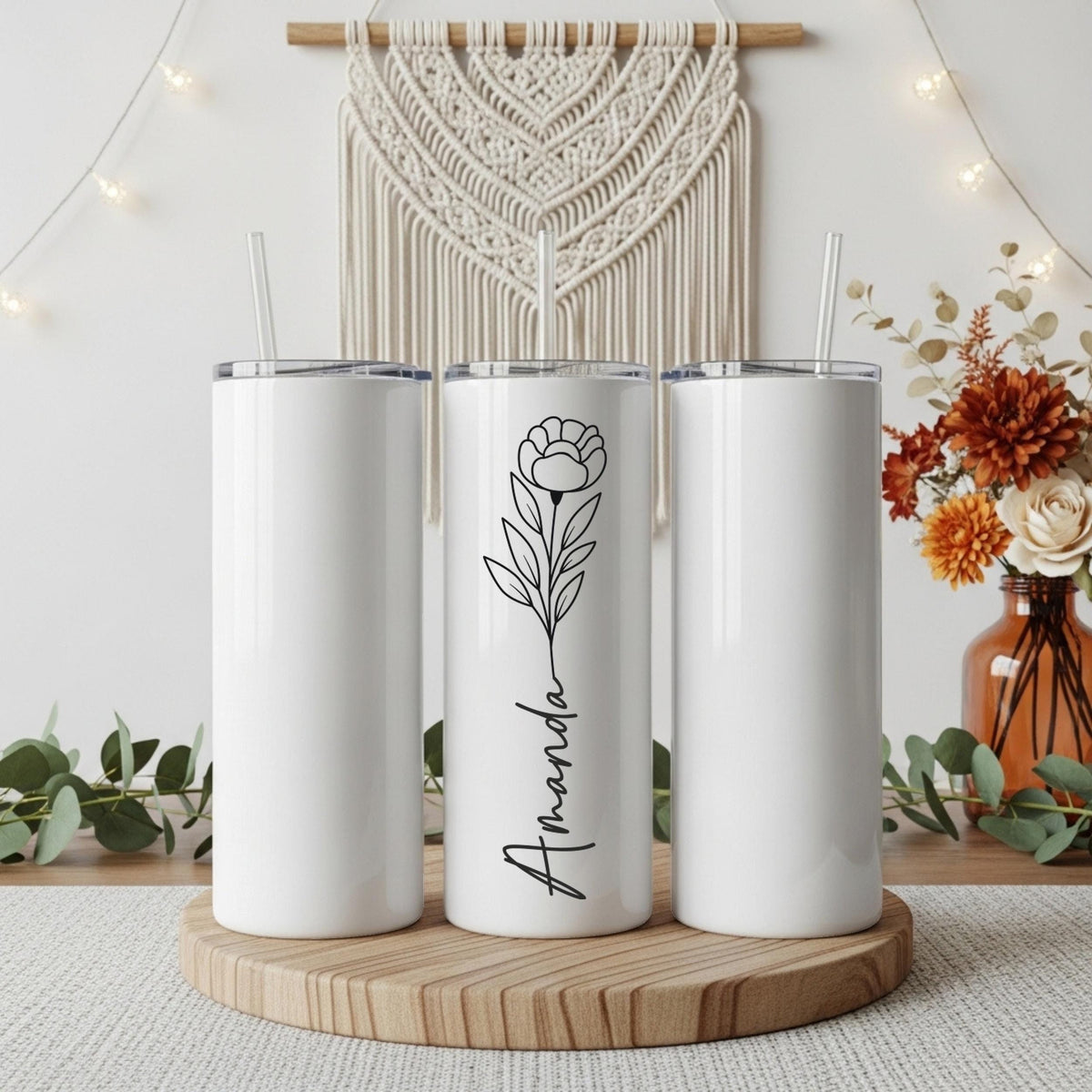 Personalized Line Art Flower Tumbler, Minimalist Birth Month Flower Coffee Tumbler