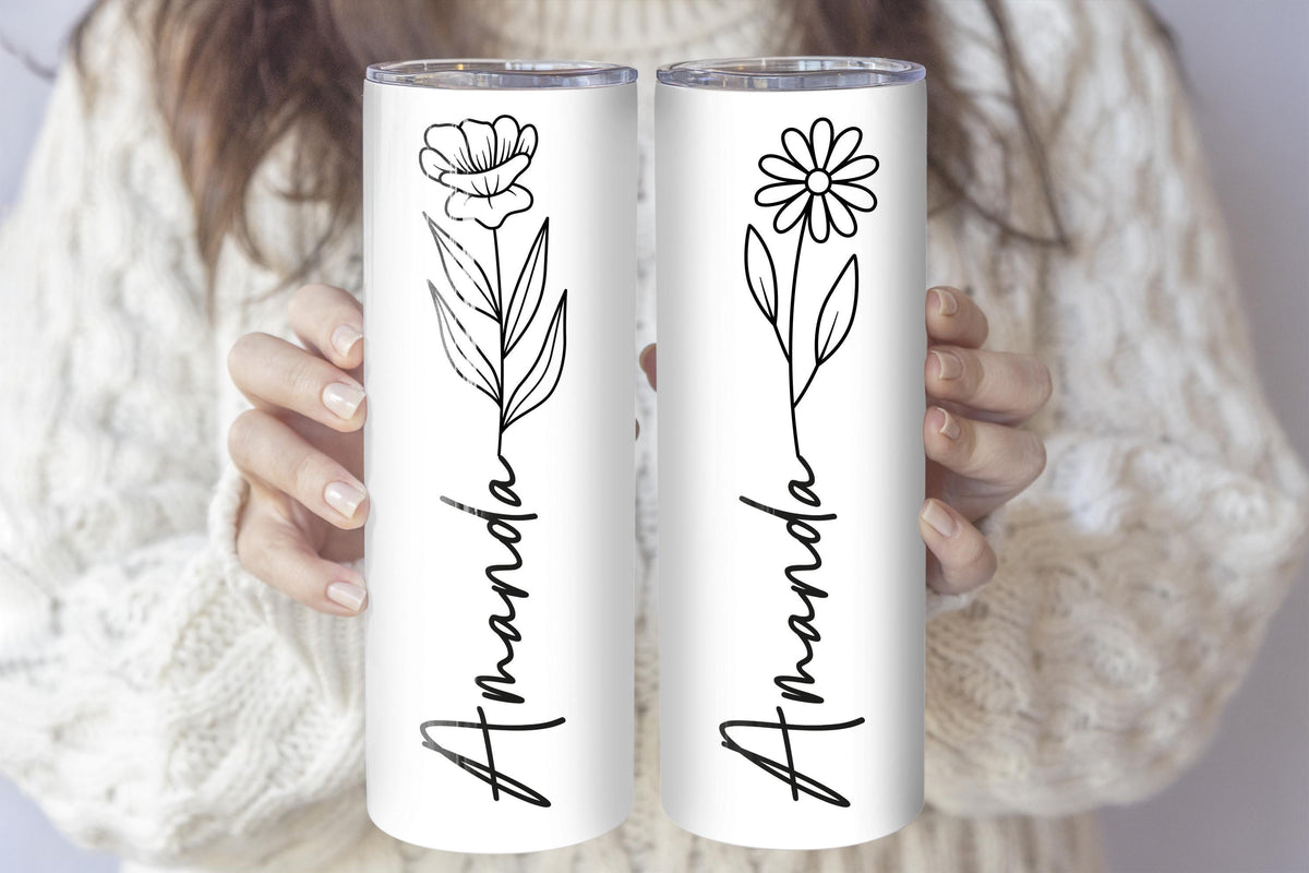 Personalized Line Art Flower Tumbler, Minimalist Birth Month Flower Coffee Tumbler