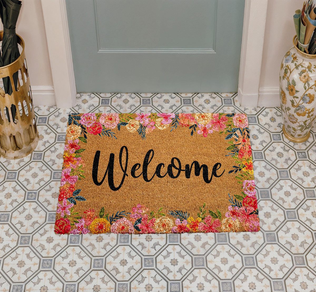 Welcome Floral Coco Doormat, Vibrant Flowers Rug, Cute Spring Entry Door Mat