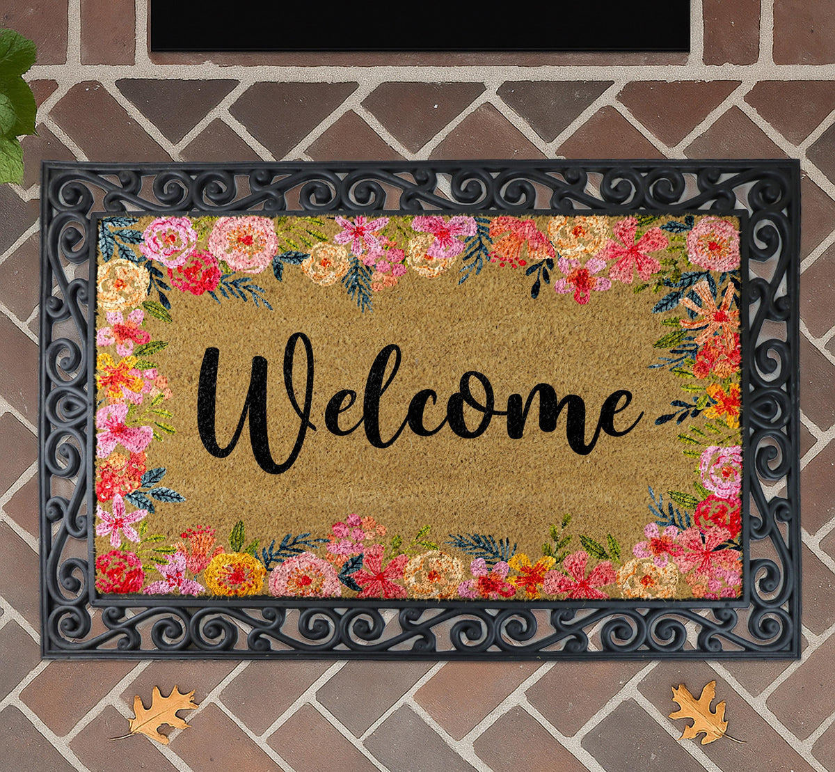Welcome Floral Coco Doormat, Vibrant Flowers Rug, Cute Spring Entry Door Mat