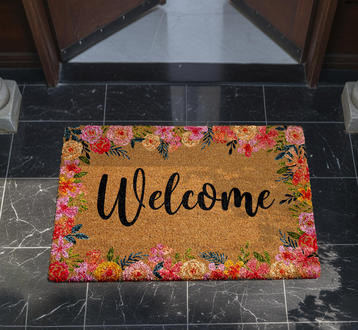 Welcome Floral Coco Doormat, Vibrant Flowers Rug, Cute Spring Entry Door Mat