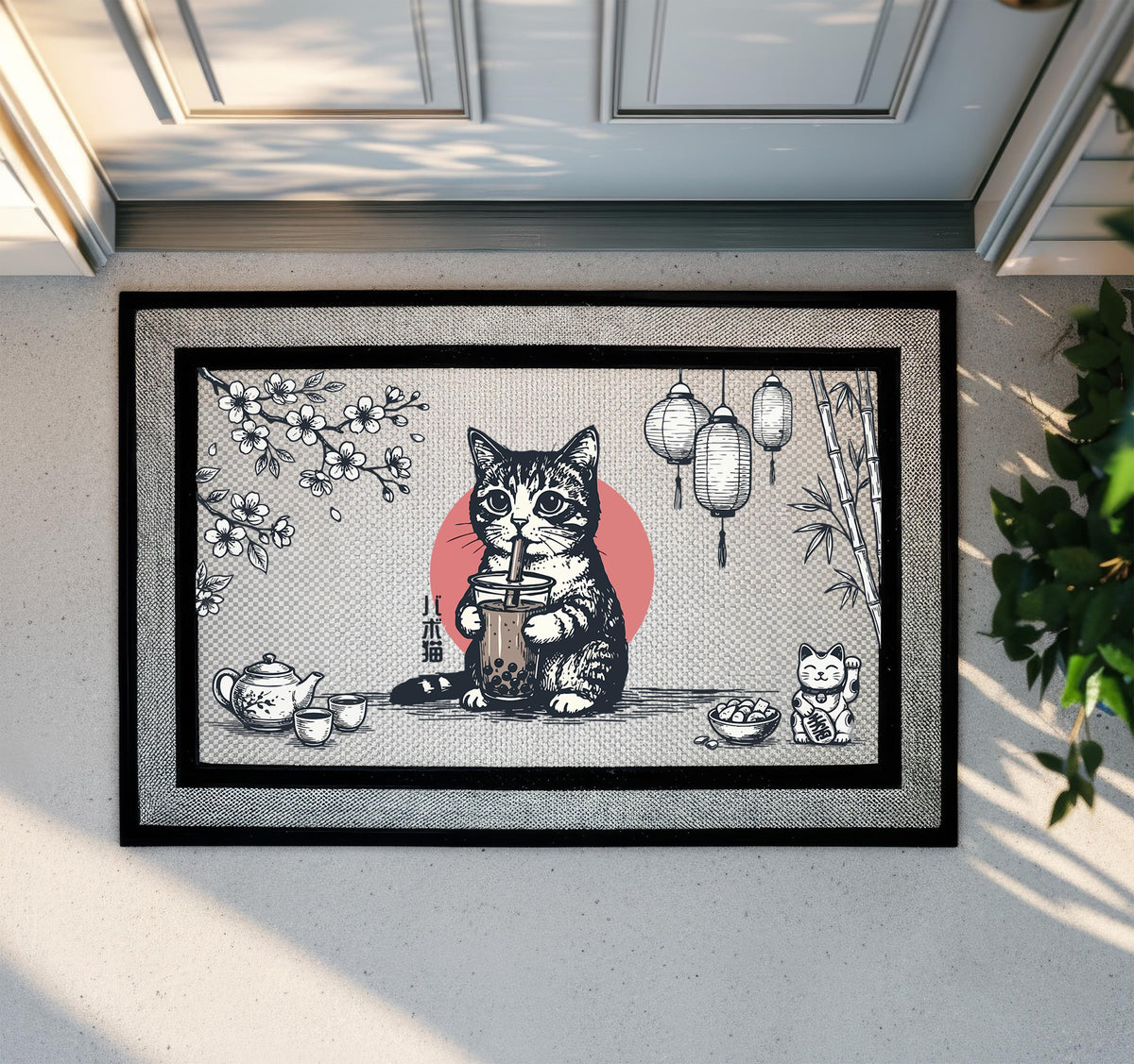 Cute Bubble Tea Boba Cat Welcome Mat, Japanese Cat Doormat, Funny Cats Lover Housewarming Gift, Spring Front Porch Decor, Entrance Rug
