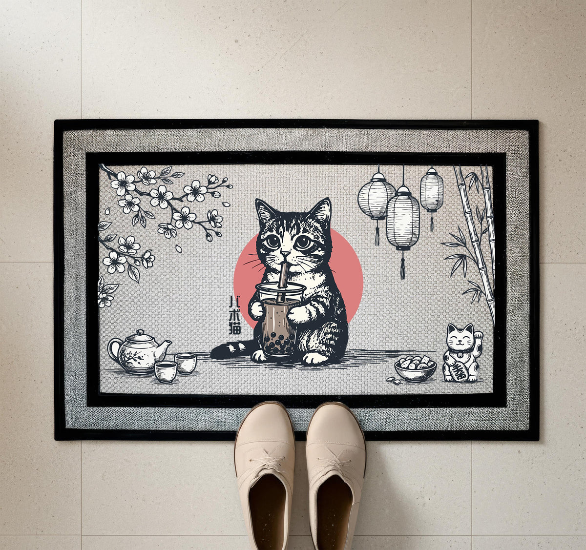 Cute Bubble Tea Boba Cat Welcome Mat, Japanese Cat Doormat, Funny Cats Lover Housewarming Gift, Spring Front Porch Decor, Entrance Rug