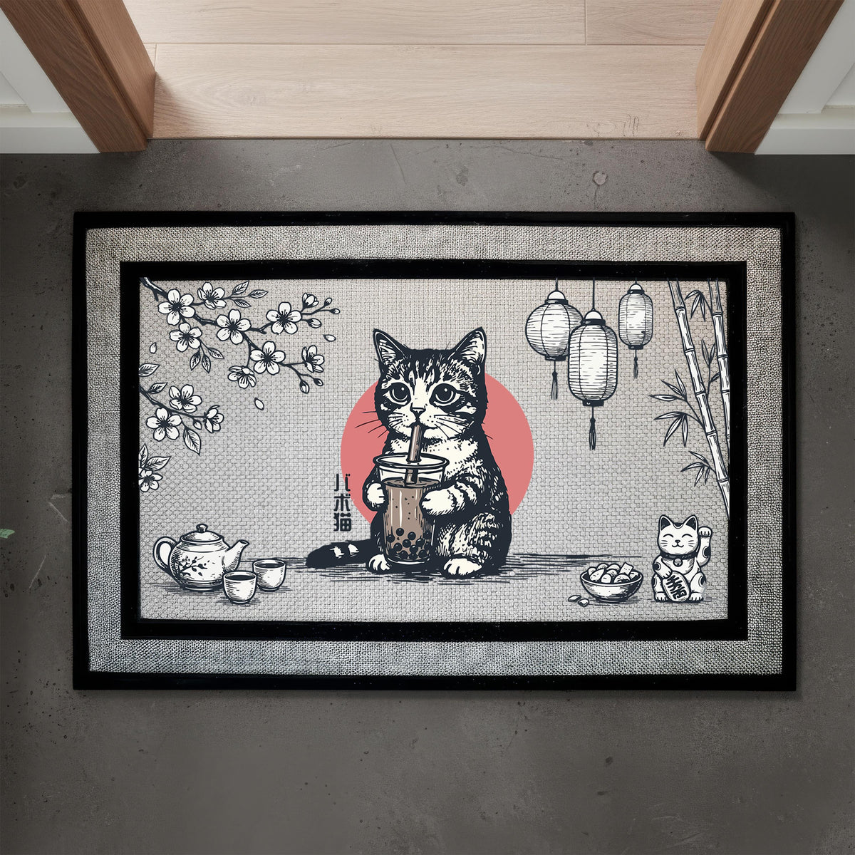 Cute Bubble Tea Boba Cat Welcome Mat, Japanese Cat Doormat, Funny Cats Lover Housewarming Gift, Spring Front Porch Decor, Entrance Rug
