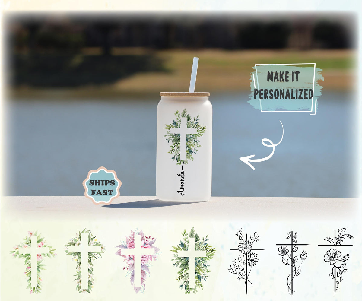 Floral Cross Glass Can, Personalized Iced Coffee Cup with Bamboo Lid, Christian Gift