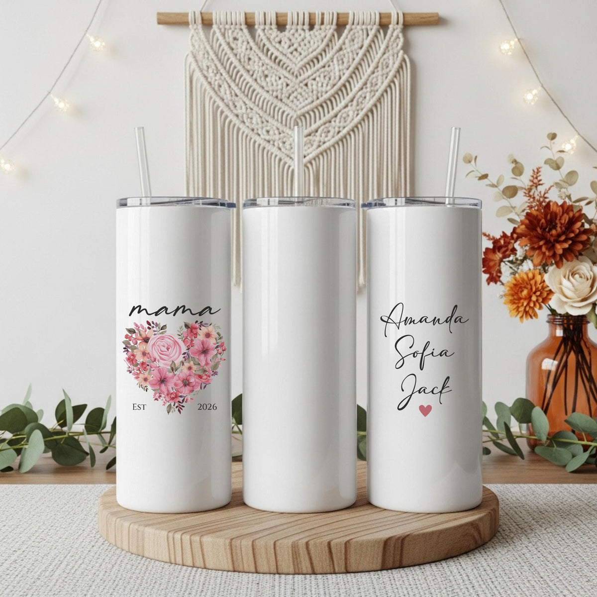 Personalized Floral Mama Est Tumbler With Straw, Custom Insulated Cup With Kids Names