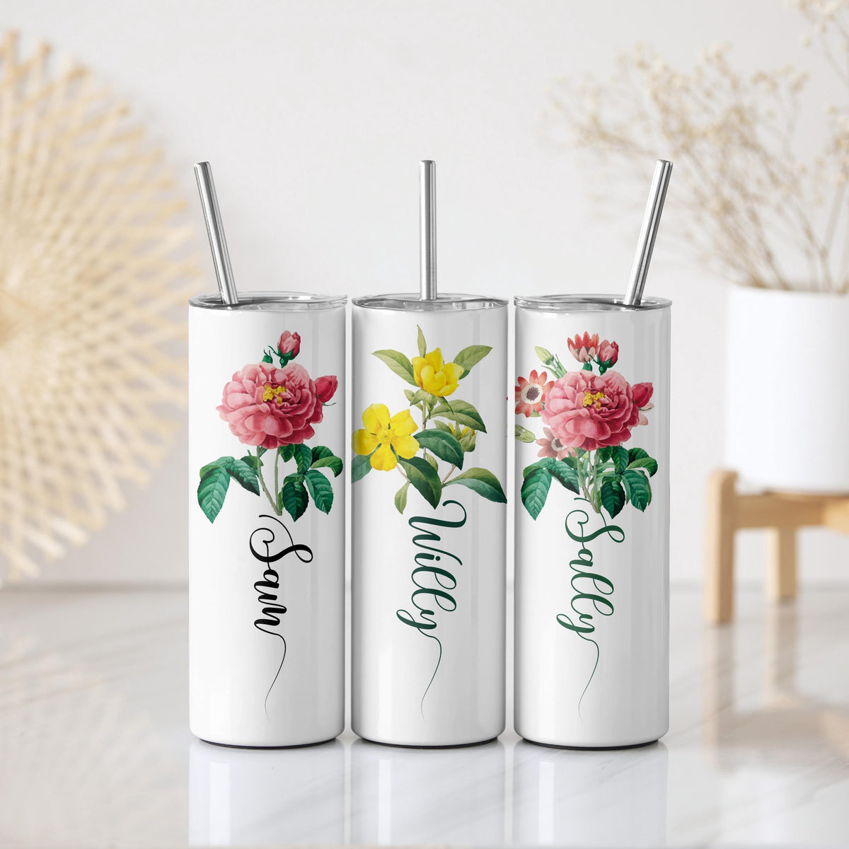 Personalized Colorful Floral Coffee Tumbler, Custom Name Bff Matching Flower Cup